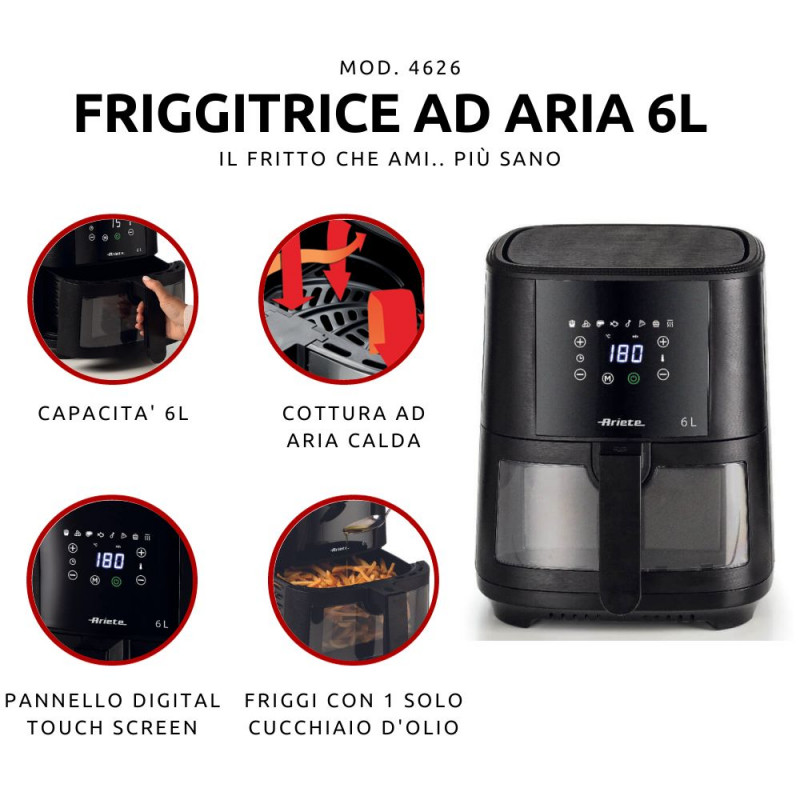 Friggitrice Ad Aria 6 Litri Con Cestello Trasparente Ariete 4626 Nero